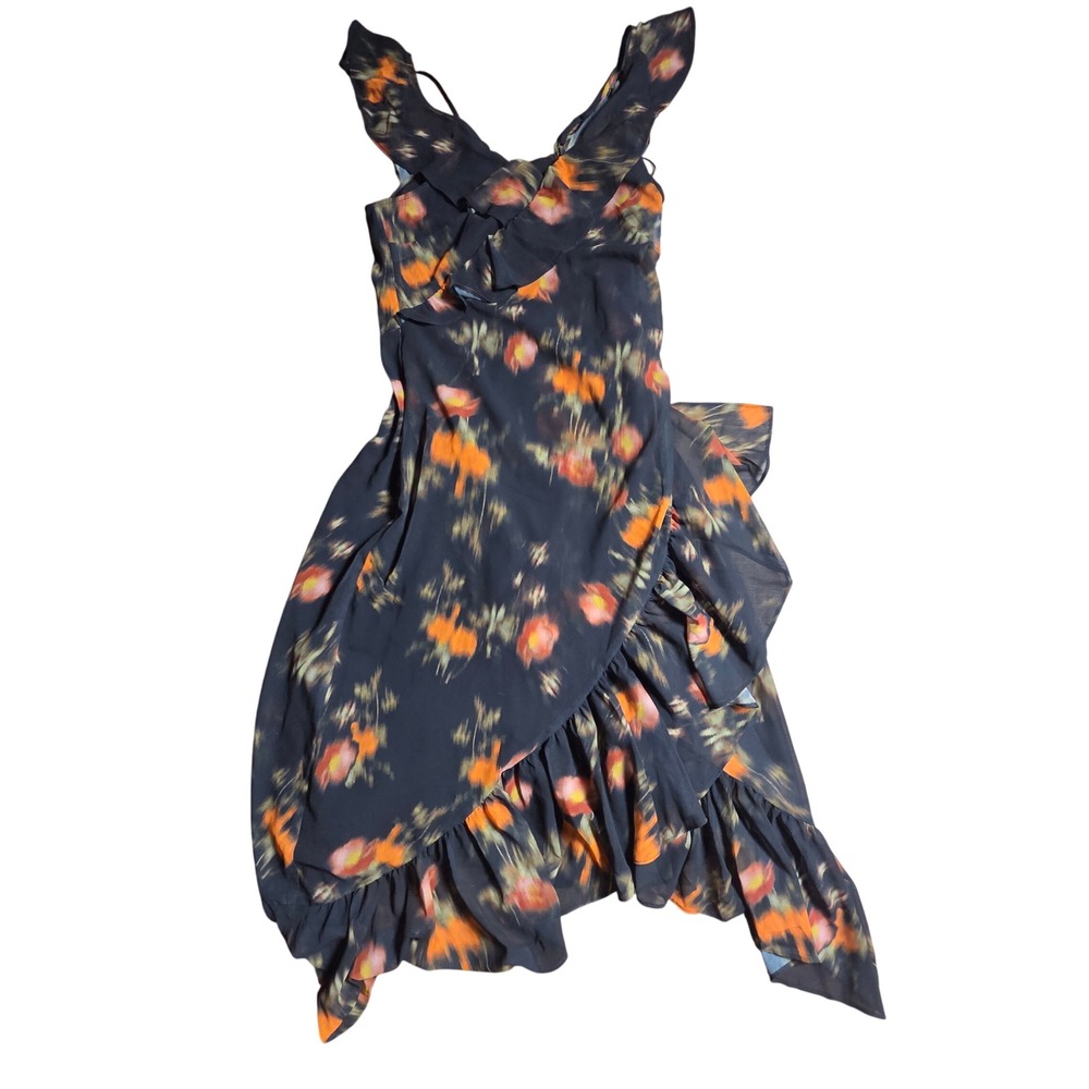Chelsea 28 Faux Wrap Floral Ruffle Midi Dress M Asymmetrical Hem Whimsigoth NWT
